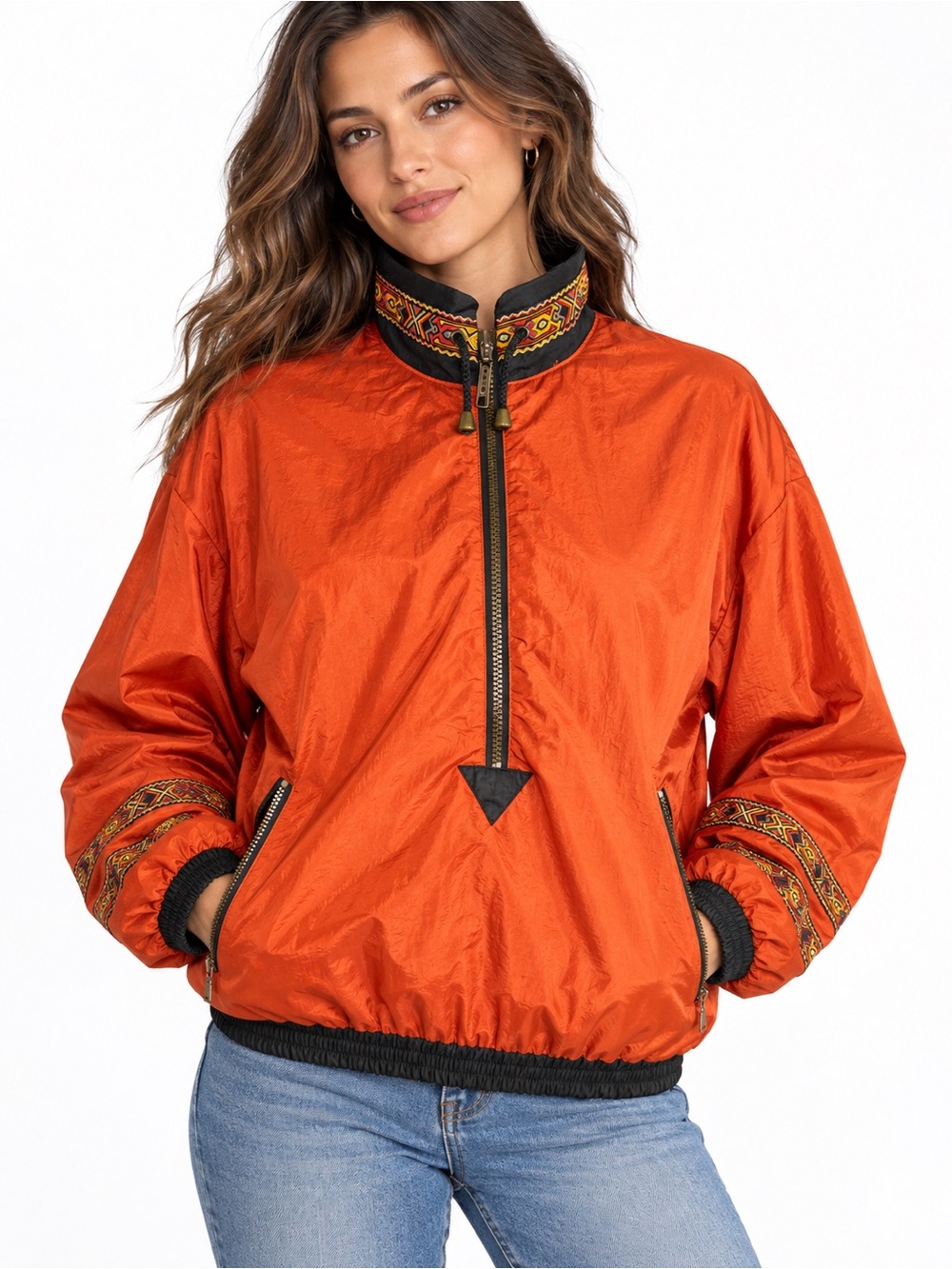 Fera Skiwear Vintage Orange Ski Jacket Womens 12 Geometric Trim Windbreaker